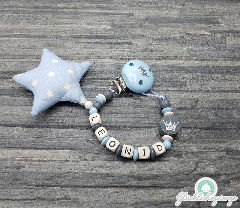 Schnullerkette mit Namen Glitzerkrone / Stern – Glücklichezwerge – Mit ...